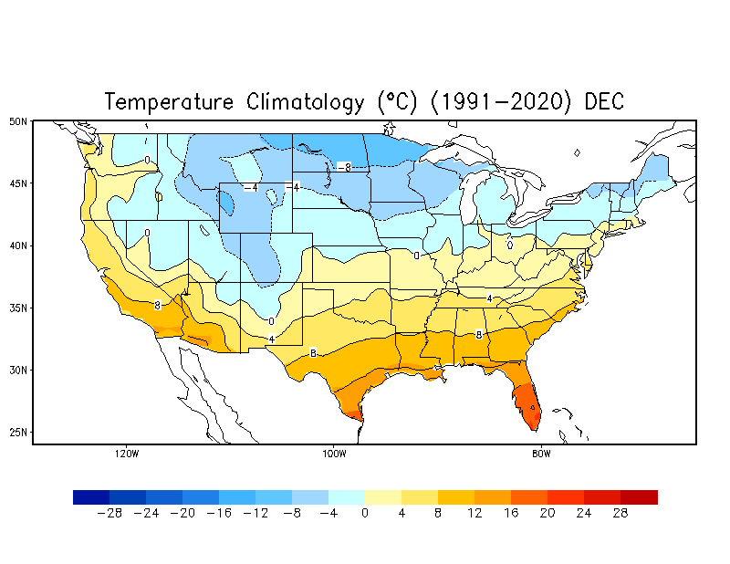 DECEMBER Temperature Climatology (C)