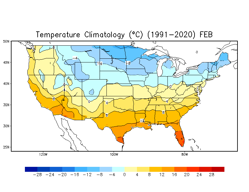 FEBRUARY Temperature Climatology (C)