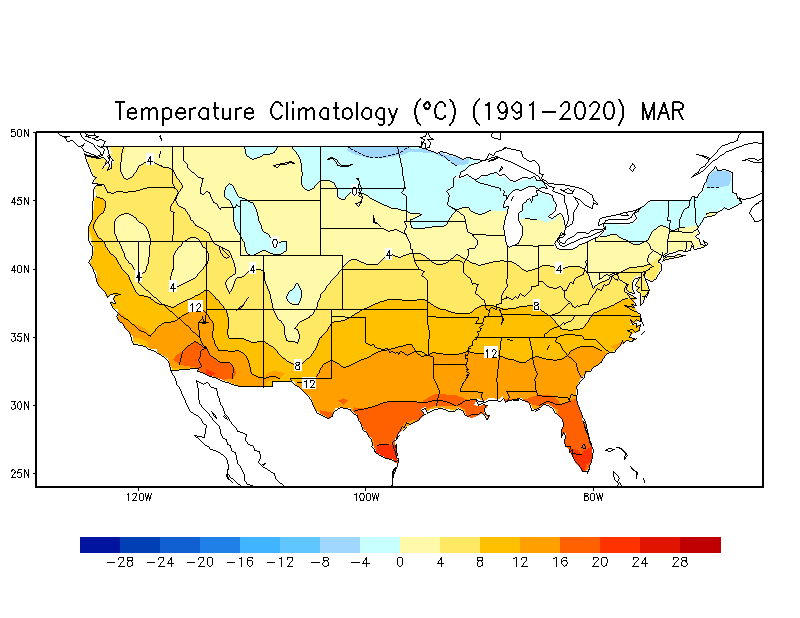 MARCH Temperature Climatology (C)