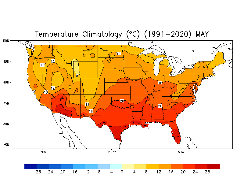 MAY Temperature Climatology (C)