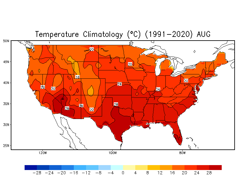 AUGUST Temperature Climatology (C)