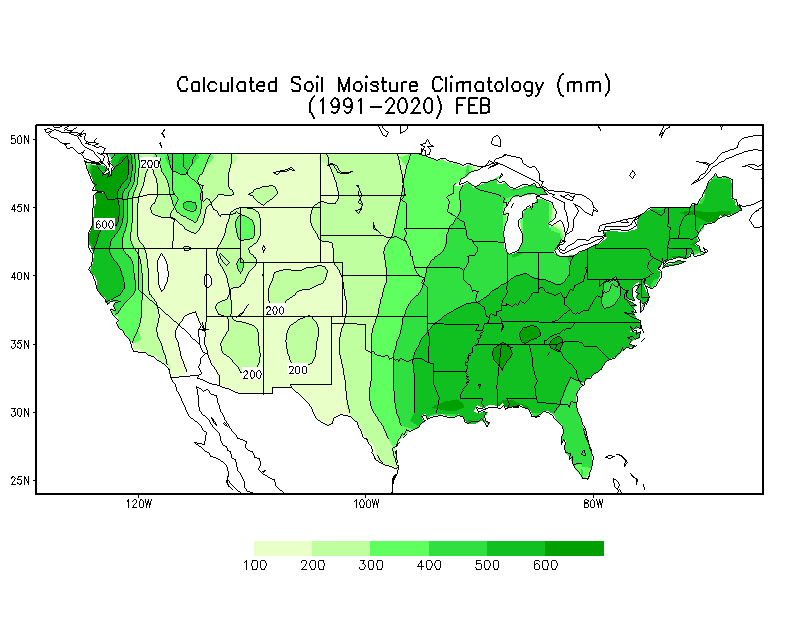 FEBRUARY Soil Moisture Climatology (mm)