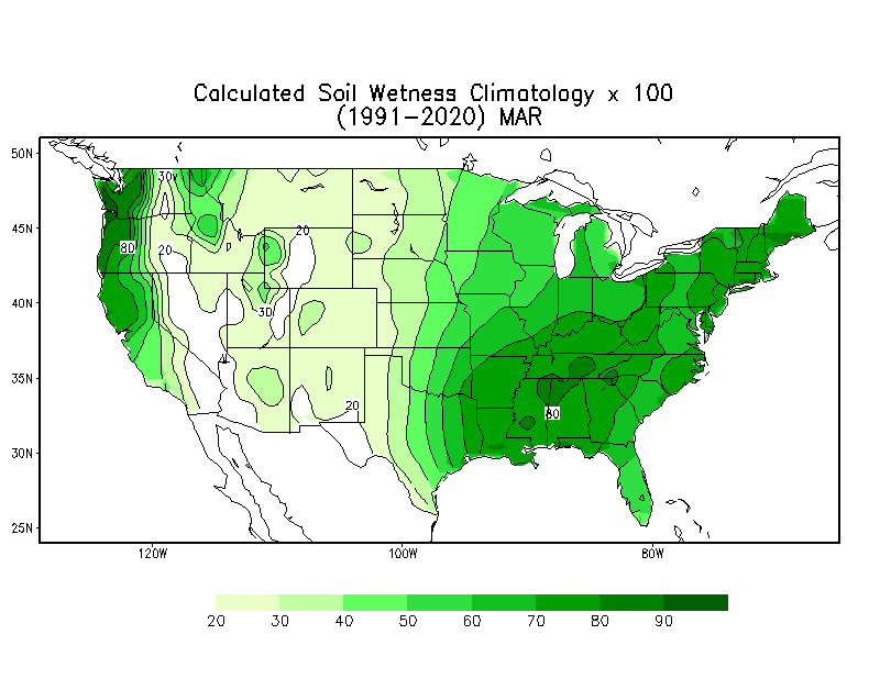 MARCH Soil Wetness Climatology (mm)