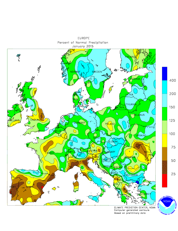 Anomalie pluviometriche in Europa rispetto alla media