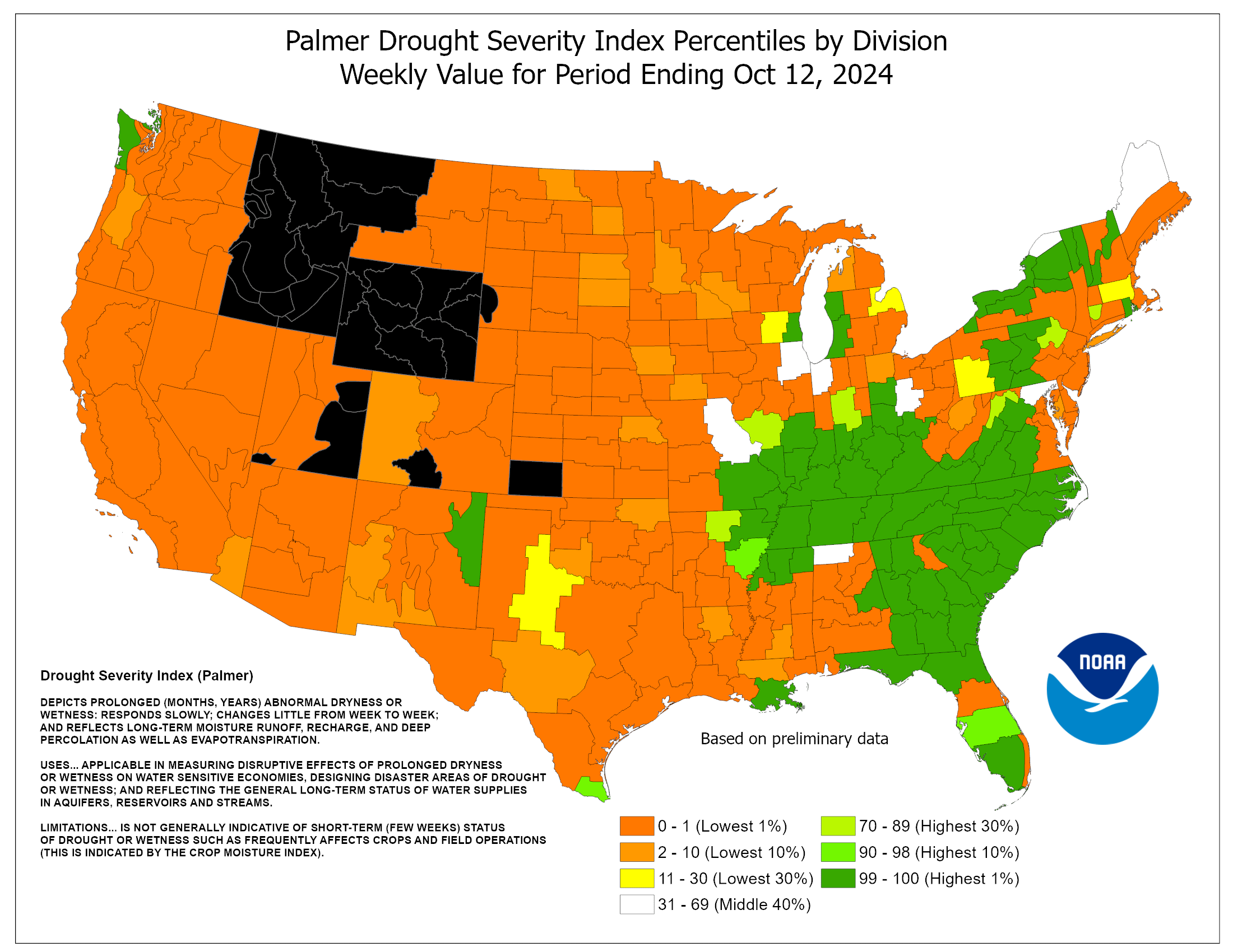 Palmer Drought Severity Index Percentiles by Climate Division