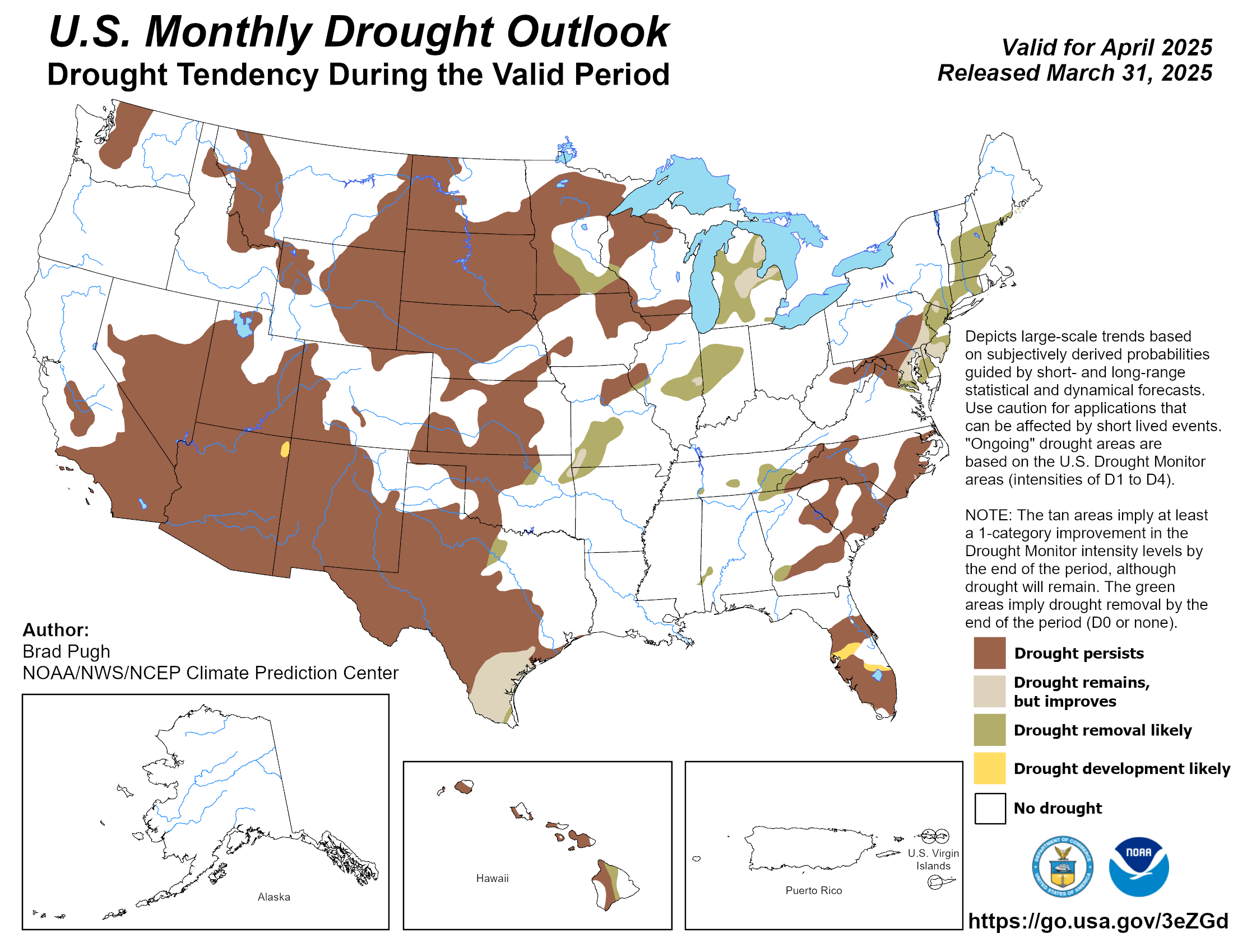 U.S. Monthly Drought Outlook displays the probability of drought development or improvement. Outlook is updated monthly at the beginning of each month.