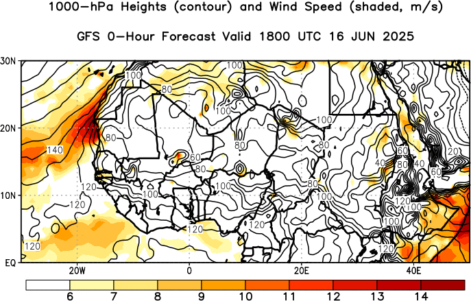 GFS Forecast 1000 hPa Heights and Wind Speed