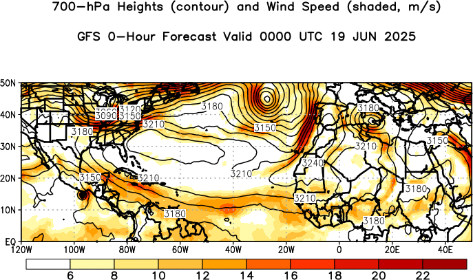 GFS Forecast 700 hPa Heights and Wind Speed