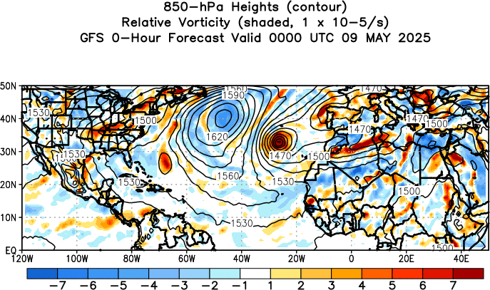 GFS Forecast 850 hPa Heights and Relative Vorticity