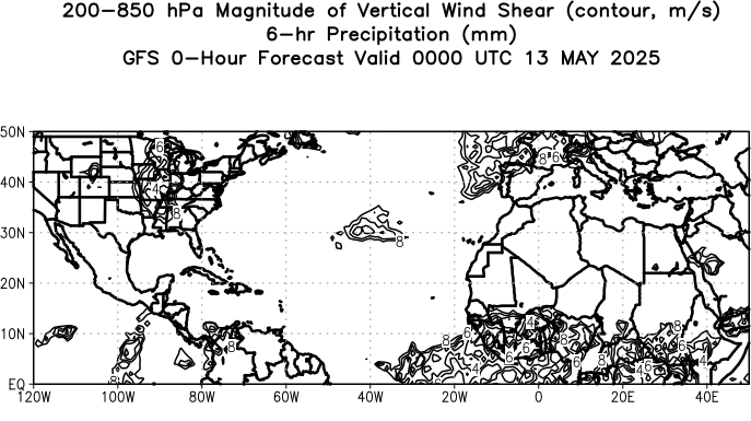 GFS Forecast 1000 hPa Vertical Wind Shear and 6-hour Precipitation