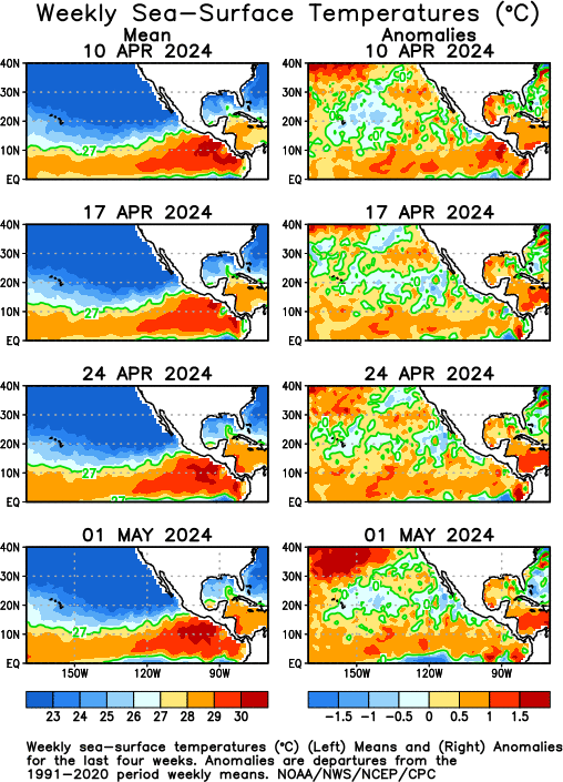 Sea surface temperatures and anomalies for Mexico