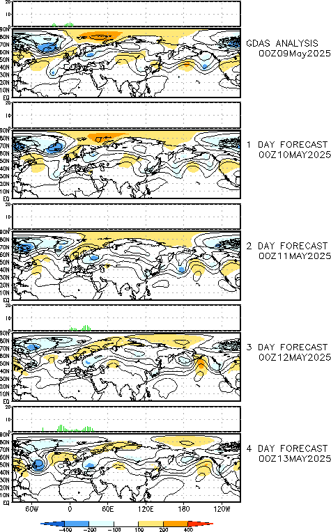 500 hPa height field and anomalies for the current 00Z GFS forecast