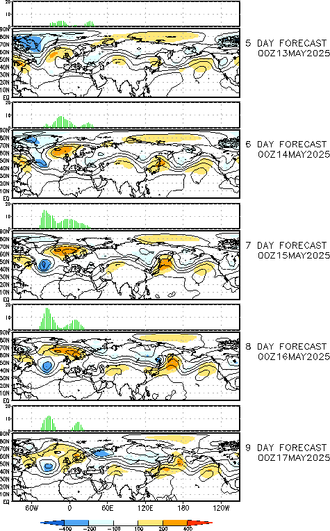 Day 5-9 GFS Forecast 500 hPa height field and anomalies for the current 00Z GFS forecast