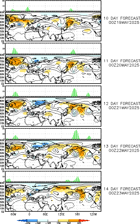 Day 10-14 GFS Forecast 500 hPa height field and anomalies for the current 00Z GFS forecast