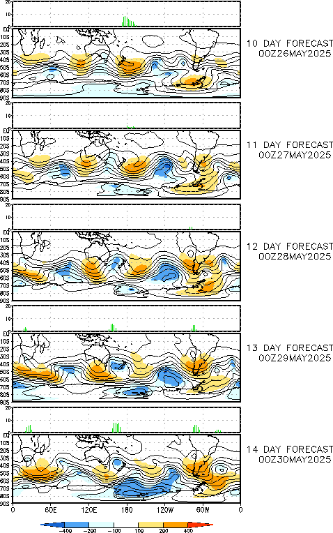 Day 10-14 MRF Forecast 500 hPa height field and anomalies for the current 00Z MRF forecast