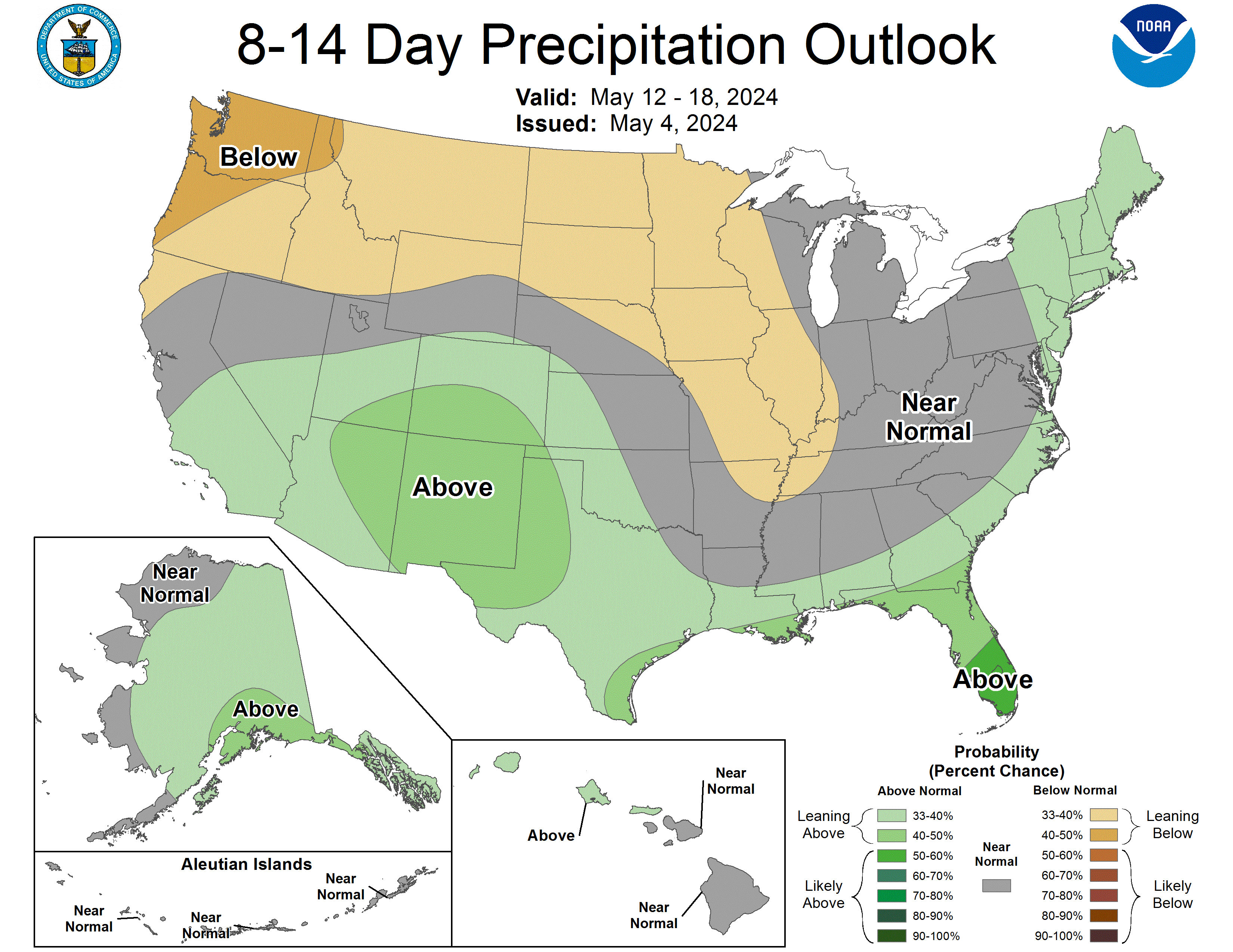 CPC's 8-14 Day Precipitation Outlook showing areas of above normal, near normal and below normal precipitation. 