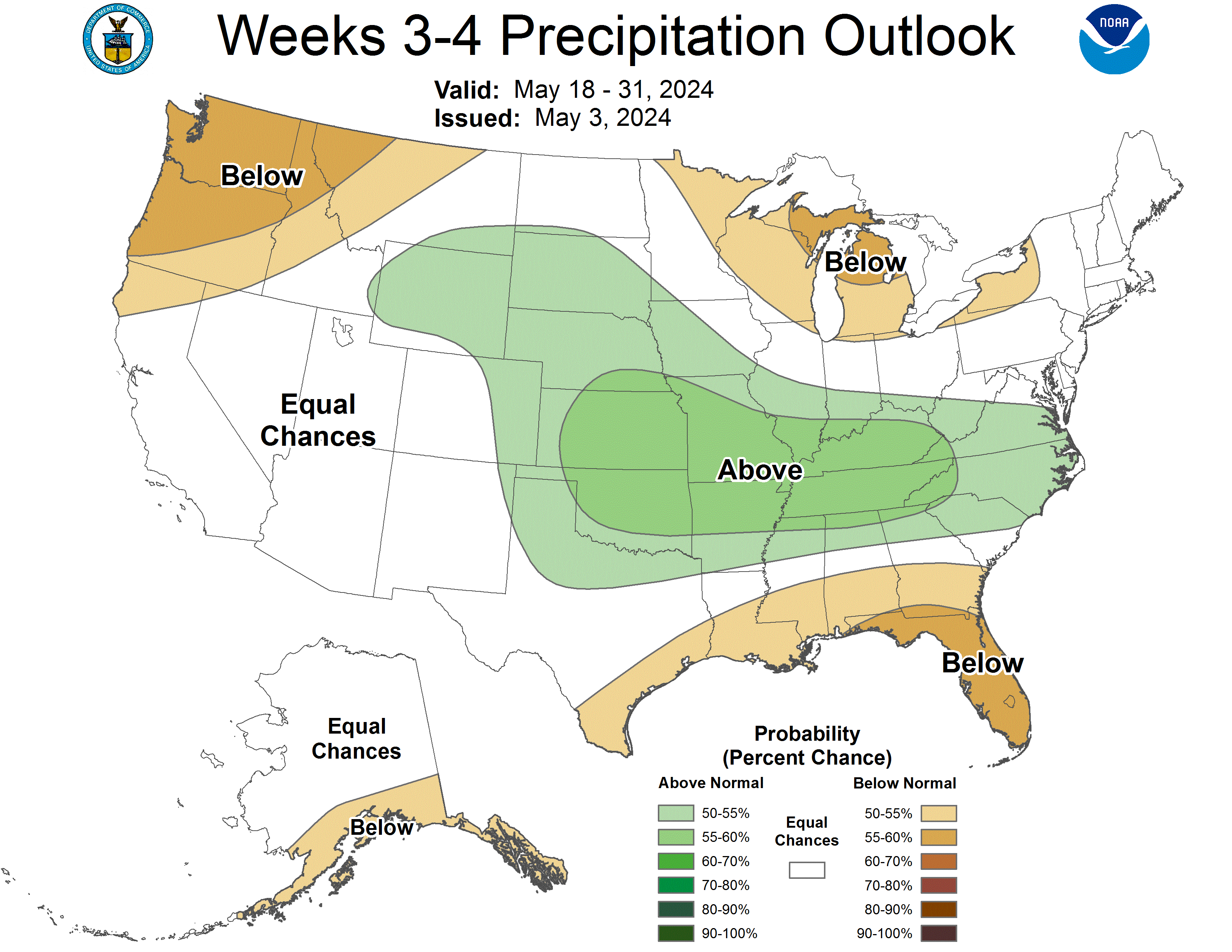 CPC Week 3-4 Precipitation Outlook showing areas of above normal, near normal and below normal precipitation. 