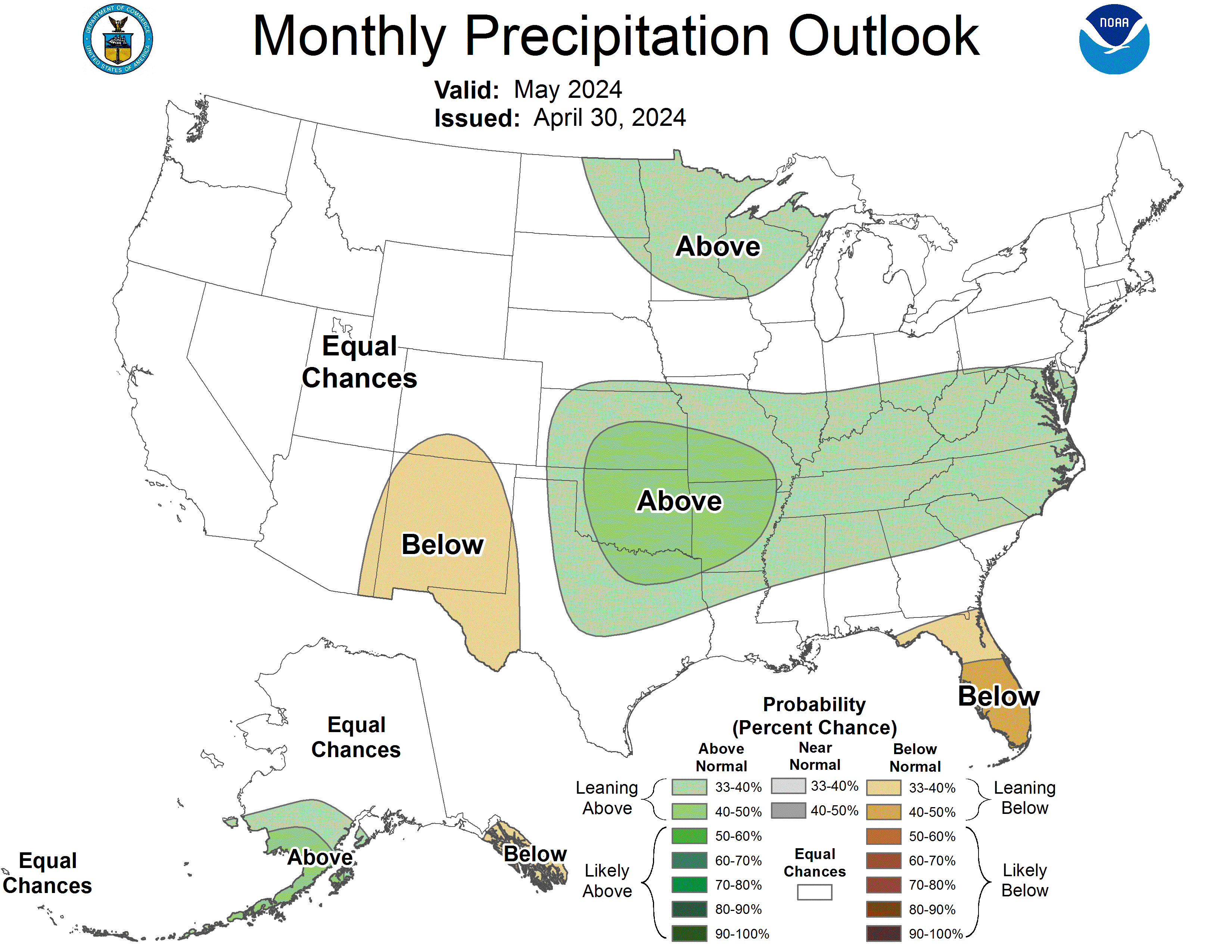 CPC One Month Precipitation Outlook showing areas of above normal, near normal and below normal precipitation. 