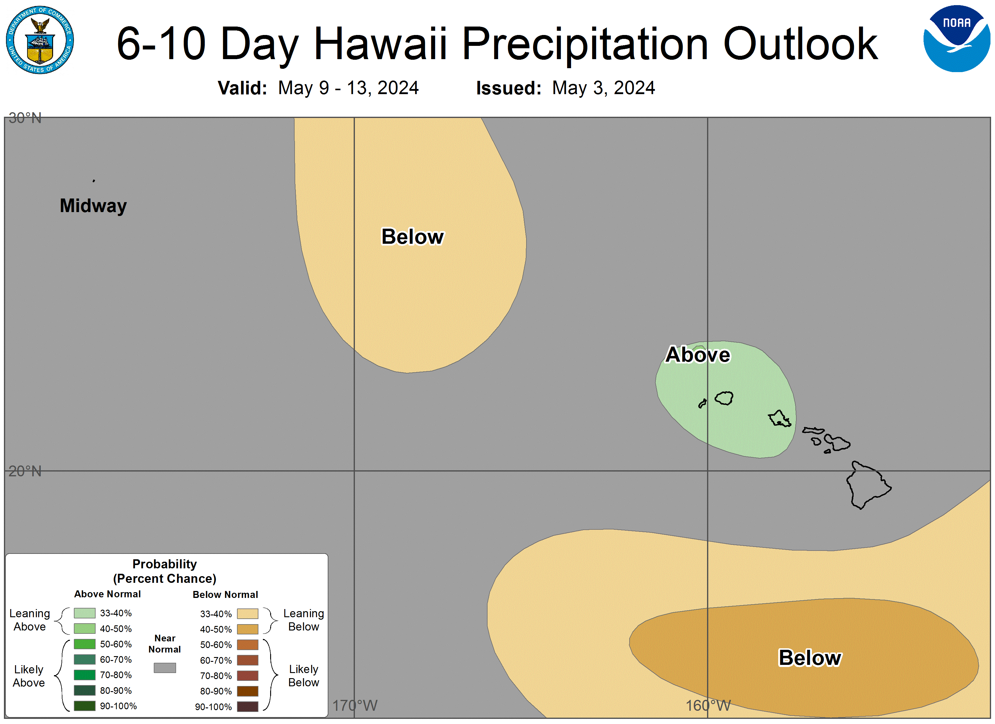 Graphical forecast for the 6 to 10 day precipitation forecast. Showing a wide view of the region around the Hawaiian Islands