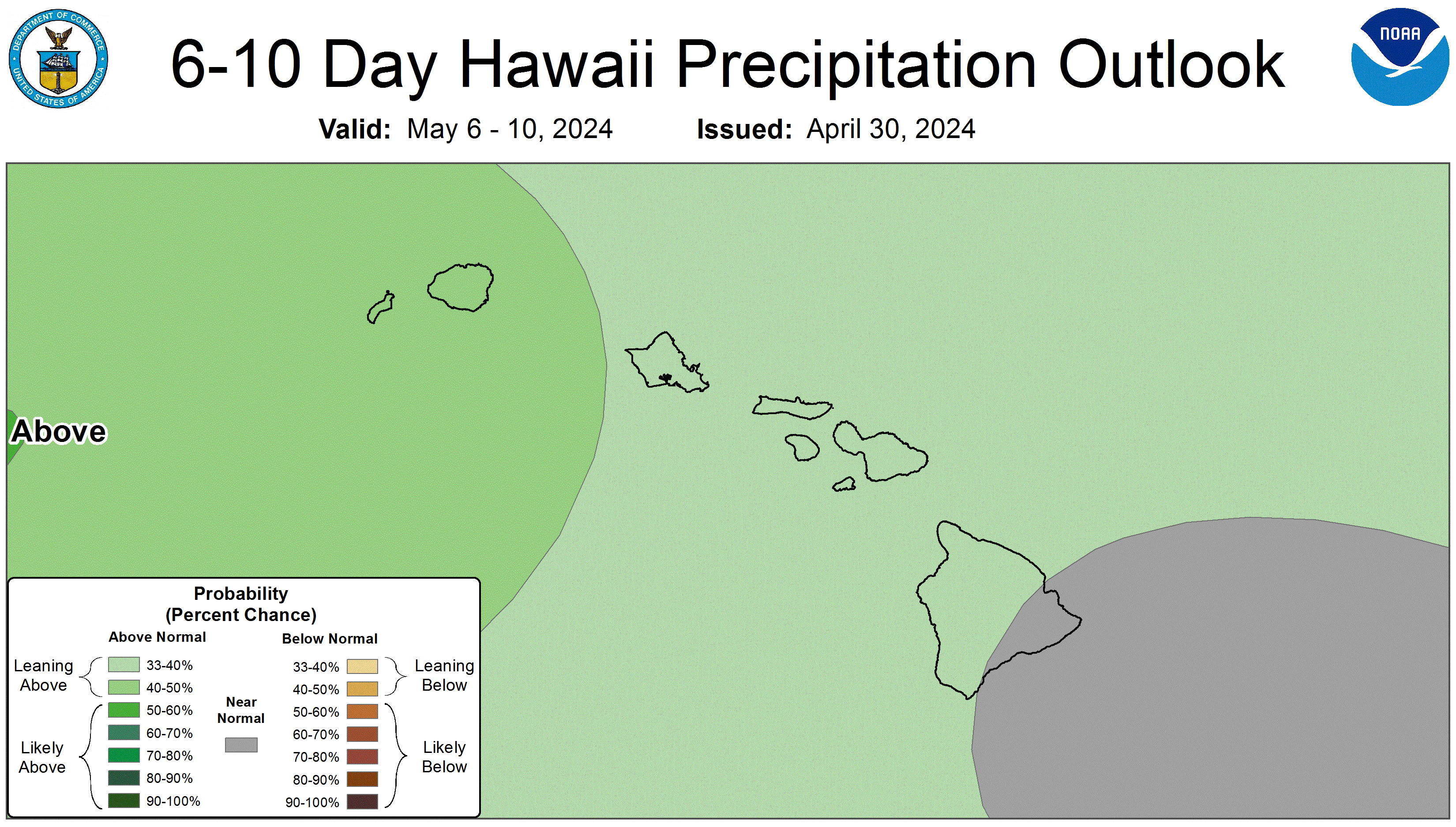 Graphical forecast for the 6 to 10 day precipitation forecast. Showing a zoomed in view of the main Hawaiian Islands