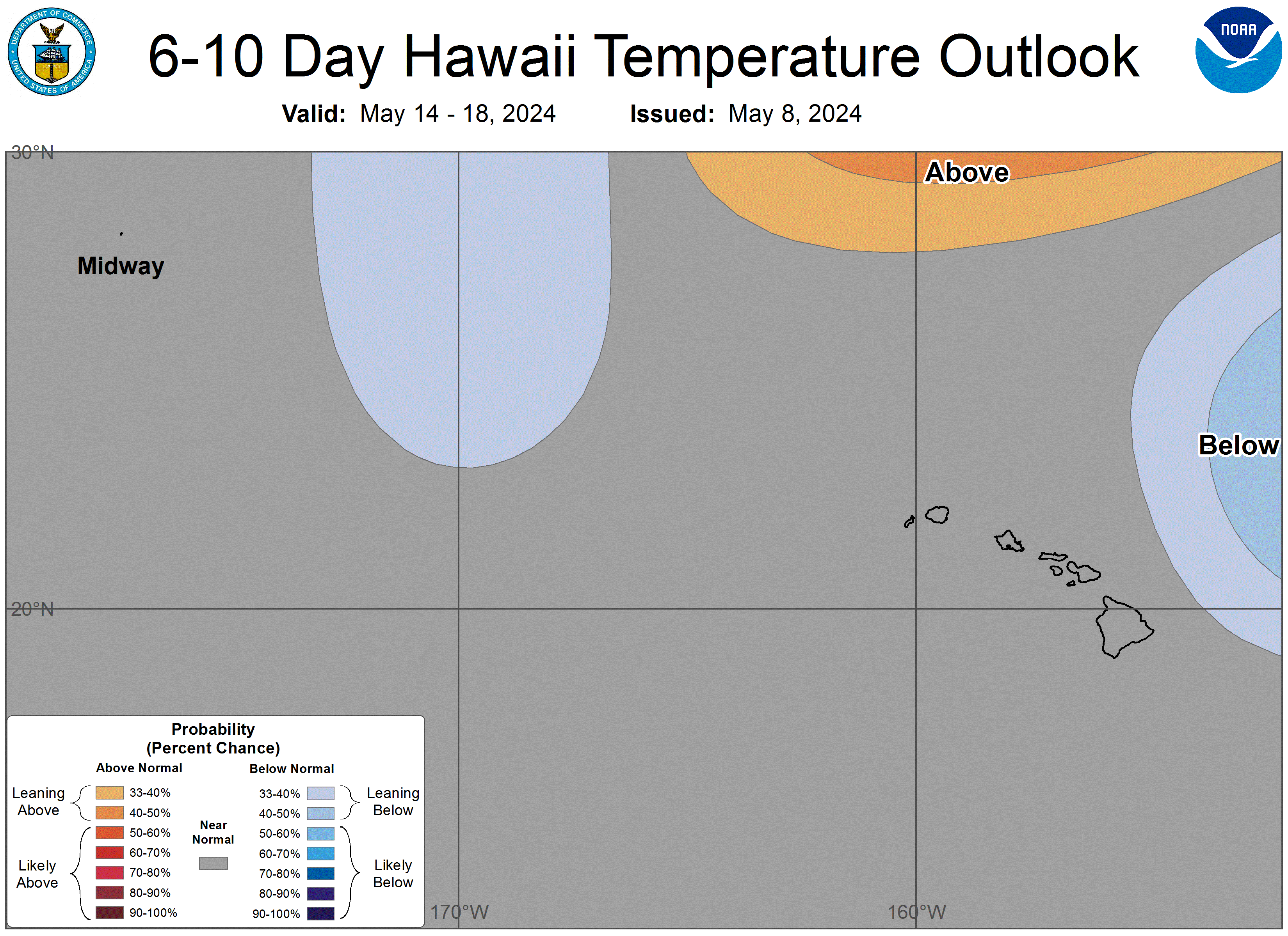 Graphical forecast for the 6 to 10 day temperature forecast. Showing a wide view of the region around the Hawaiian Islands