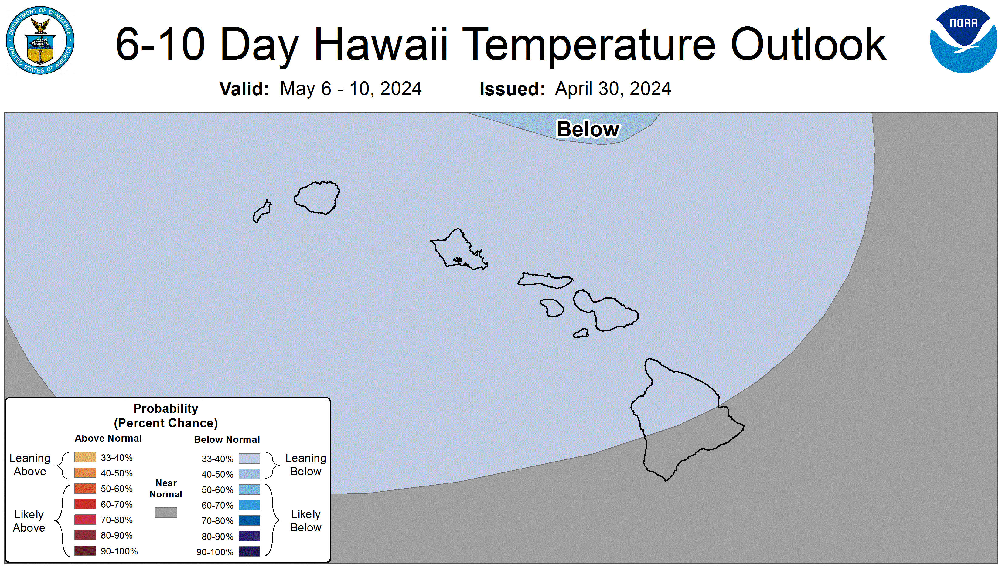 Graphical forecast for the 6 to 10 day temperature forecast. Showing a zoomed in view of the main Hawaiian Islands
