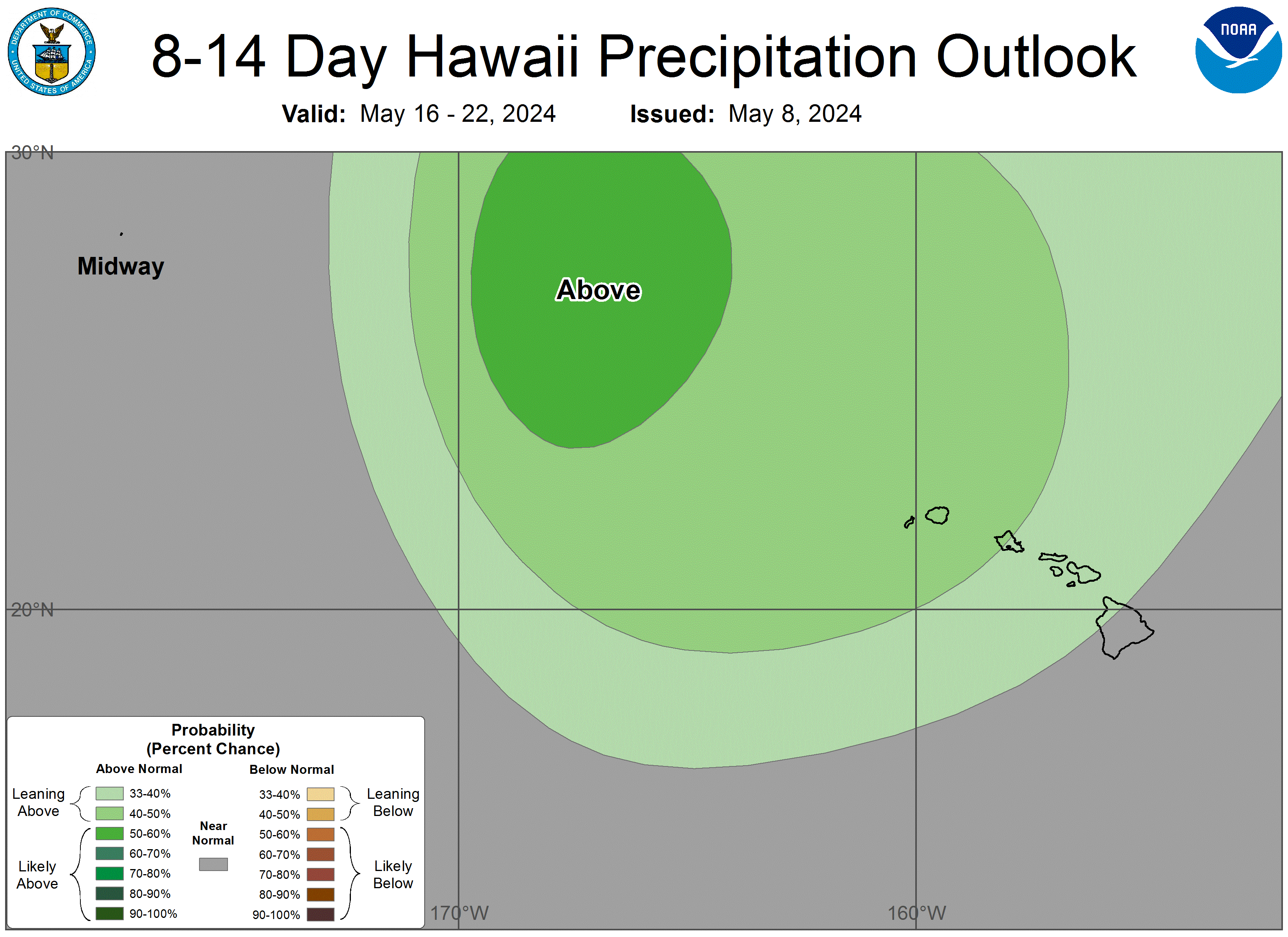 Graphical forecast for the 8 to 14 day precipitation forecast. Showing a wide view of the region around the Hawaiian Islands