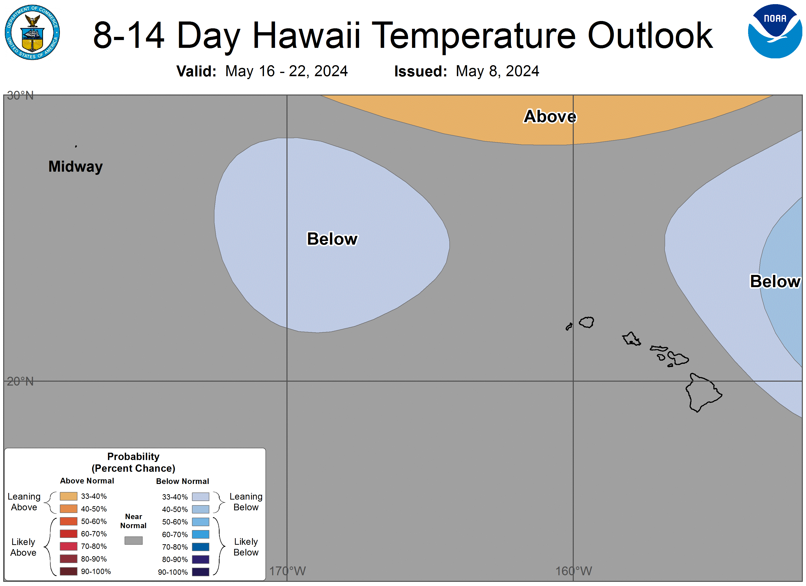 Graphical forecast for the 8 to 14 day temperature forecast. Showing a wide view of the region around the Hawaiian Islands