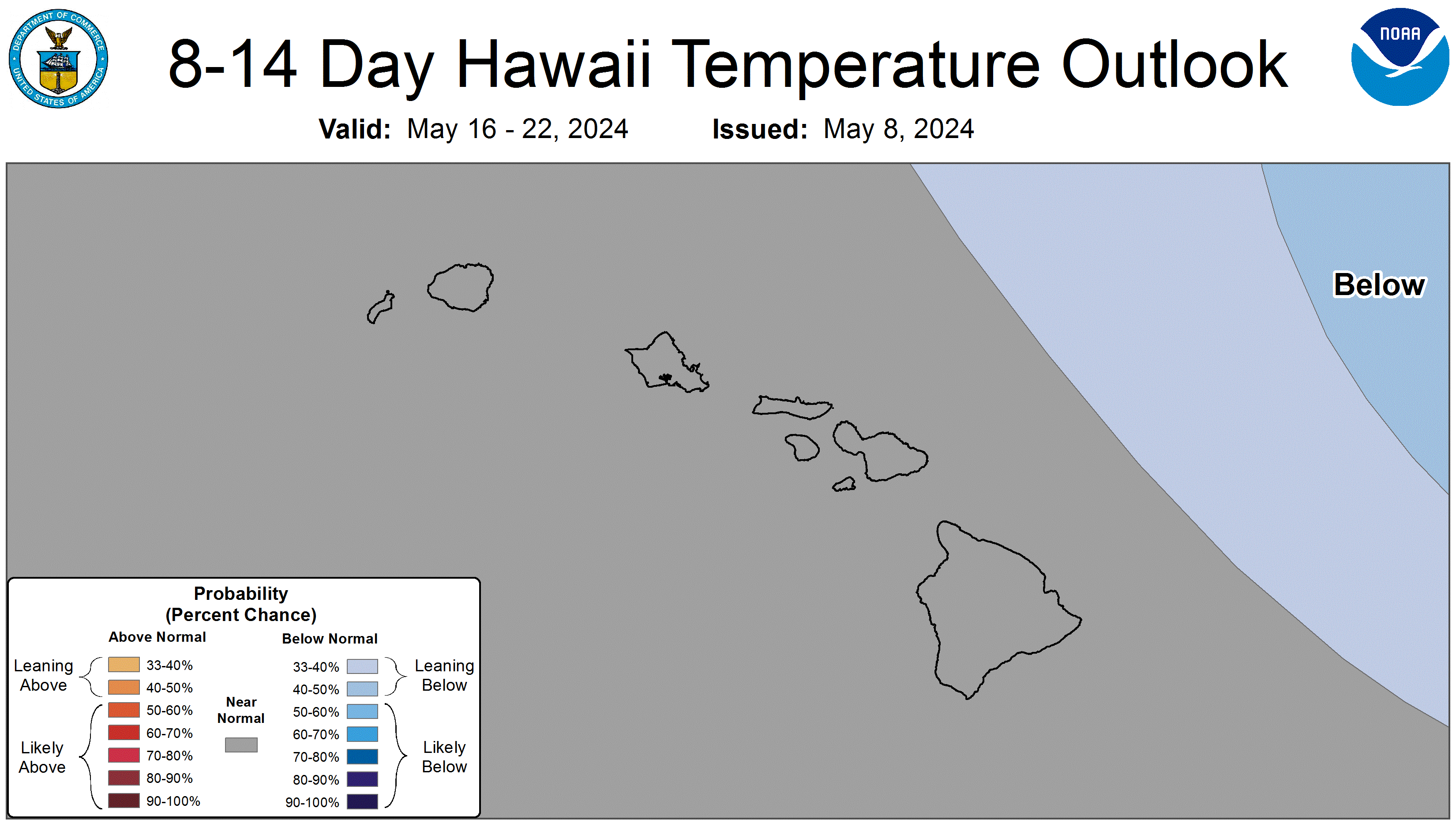 Graphical forecast for the 8 to 14 day temperature forecast. Showing a zoomed in view of the main Hawaiian Islands