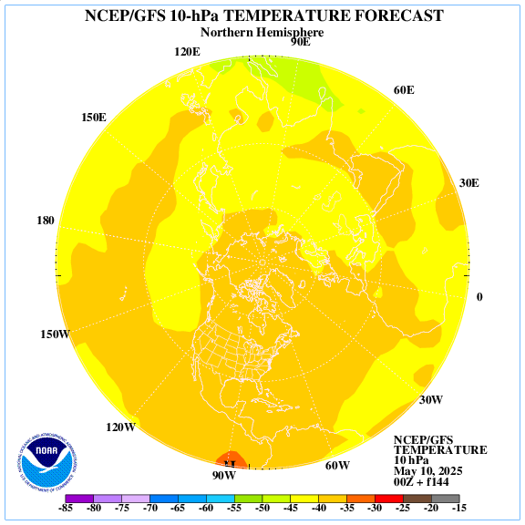 +144 hours forecast of the 10 hPa temperature on northern emisphere