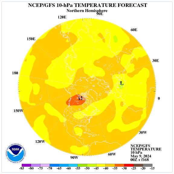 +168 hours forecast of the 10 hPa temperature on northern emisphere