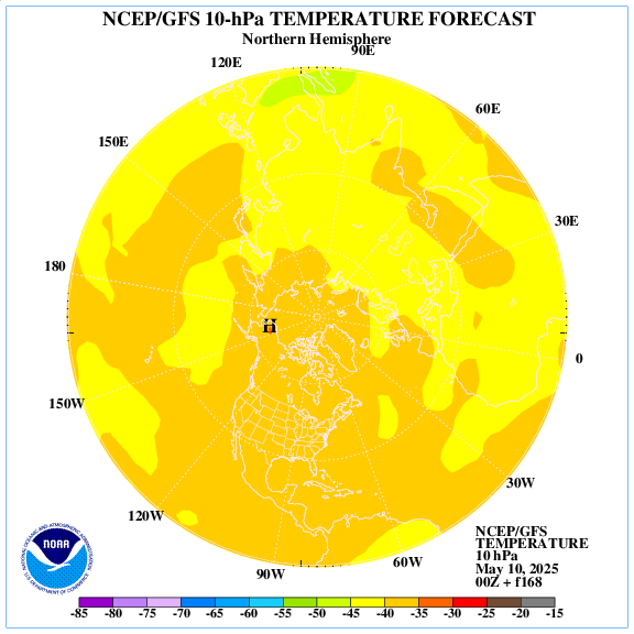 +168 hours forecast of the 10 hPa temperature on northern emisphere