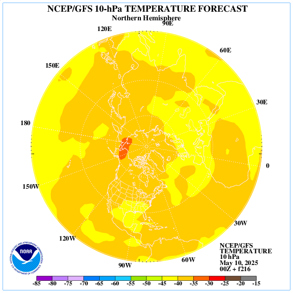 +216 hours forecast of the 10 hPa temperature on northern emisphere