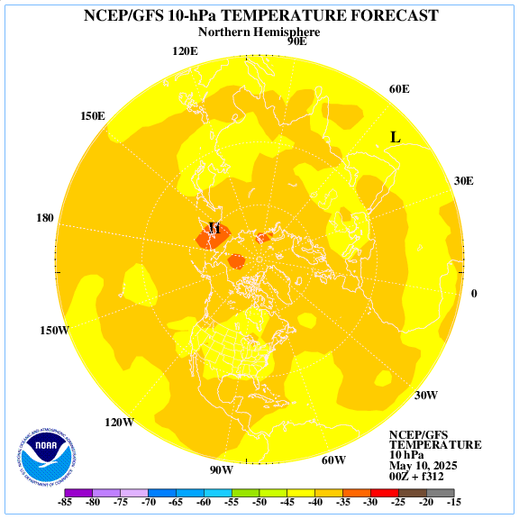 +312 hours forecast of the 10 hPa temperature on northern emisphere