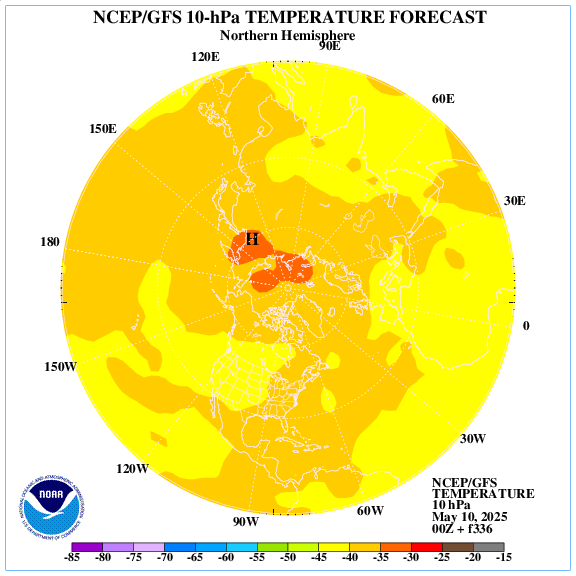 +336 hours forecast of the 10 hPa temperature on northern emisphere