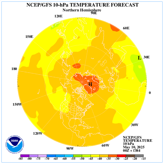 +384 hours forecast of the 10 hPa temperature on northern emisphere