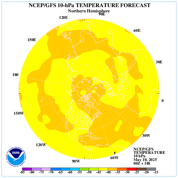 +48 hours forecast of the 10 hPa temperature on northern emisphere