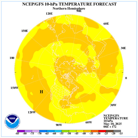 +72 hours forecast of the 10 hPa temperature on northern emisphere