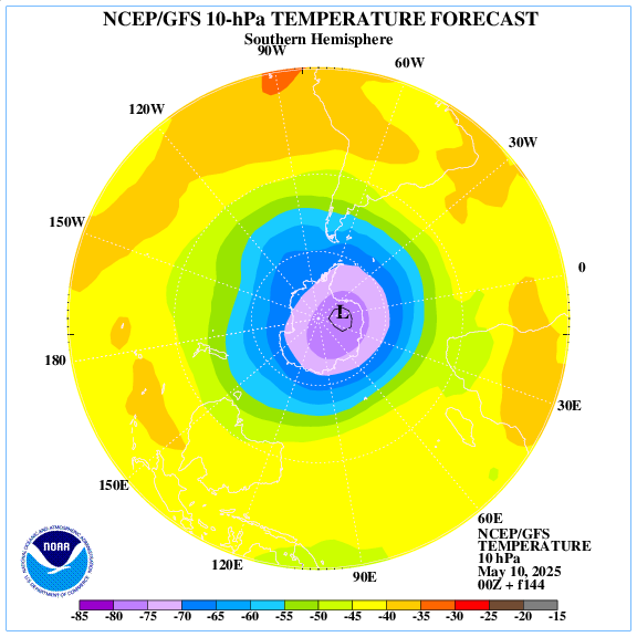 +144 hours forecast of the 10 hPa temperature on southern emisphere