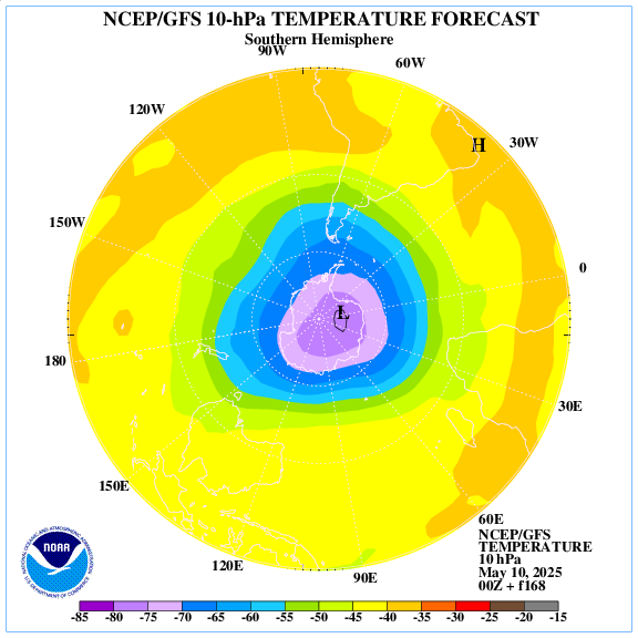 +168 hours forecast of the 10 hPa temperature on southern emisphere
