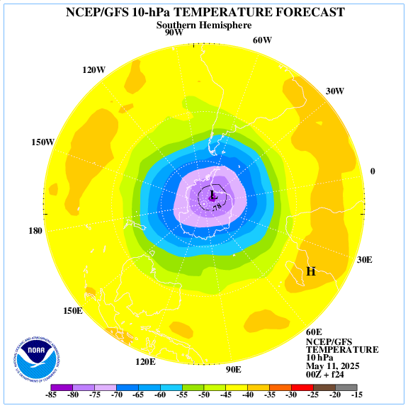 +24 hours forecast of the 10 hPa temperature on southern emisphere