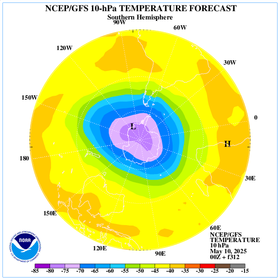 +312 hours forecast of the 10 hPa temperature on southern emisphere