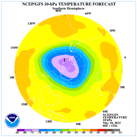 +336 hours forecast of the 10 hPa temperature on southern emisphere