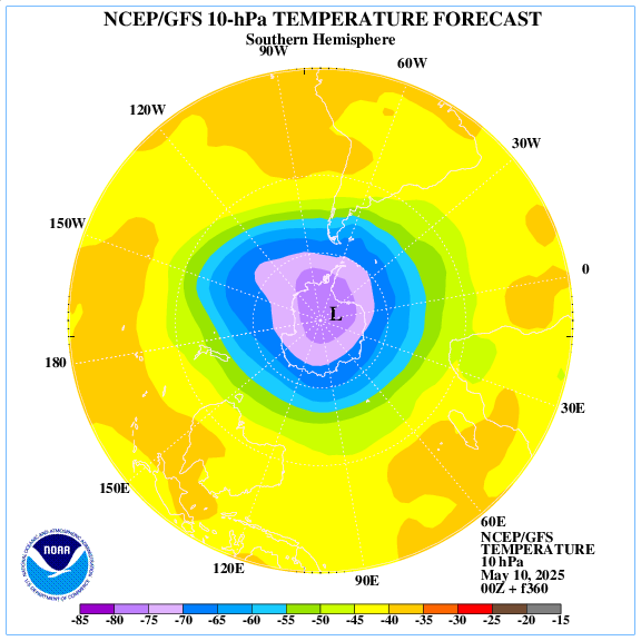 +360 hours forecast of the 10 hPa temperature on southern emisphere