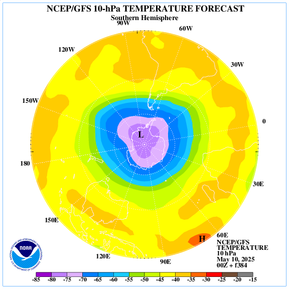 +384 hours forecast of the 10 hPa temperature on southern emisphere