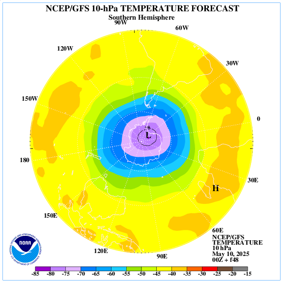 +48 hours forecast of the 10 hPa temperature on southern emisphere