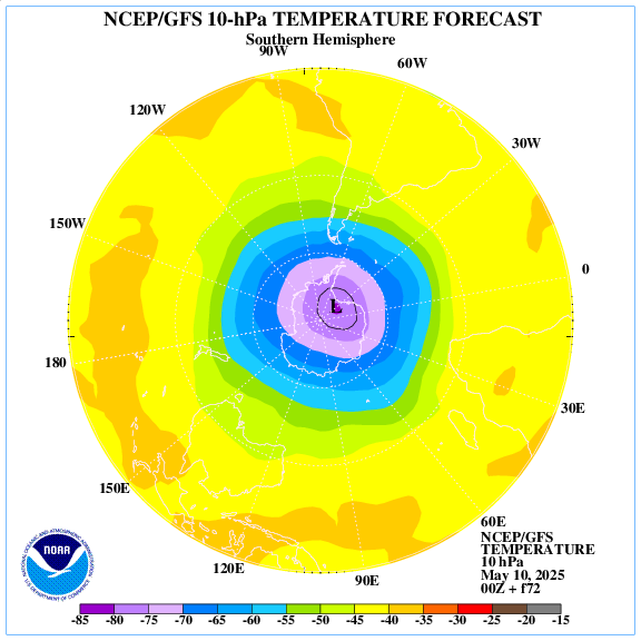 +72 hours forecast of the 10 hPa temperature on southern emisphere