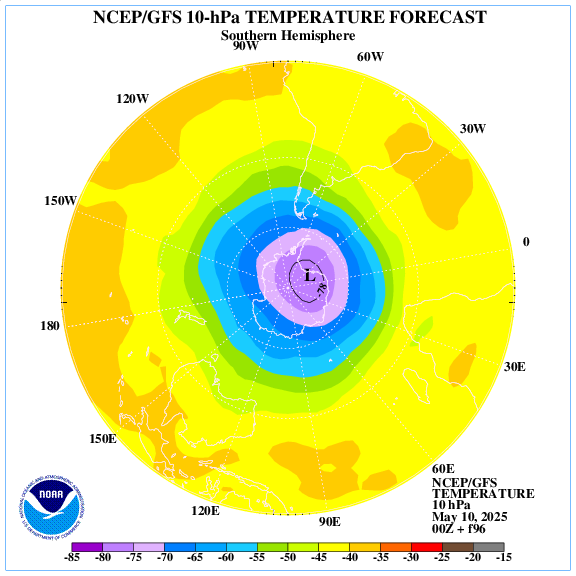 +96 hours forecast of the 10 hPa temperature on southern emisphere